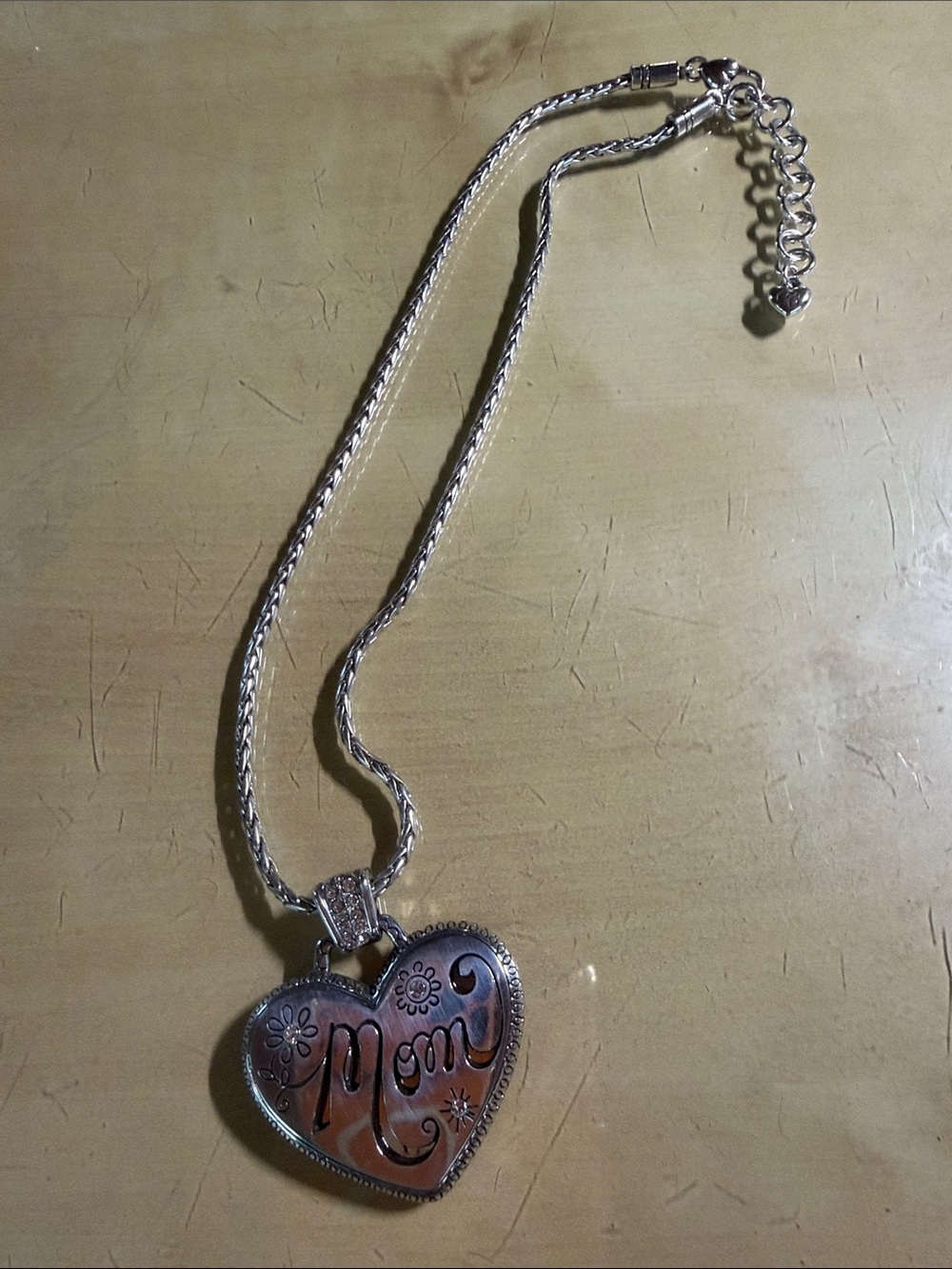 Brighton Silver Tone Heart 'Mom' Necklace with Brown Heart Inlay